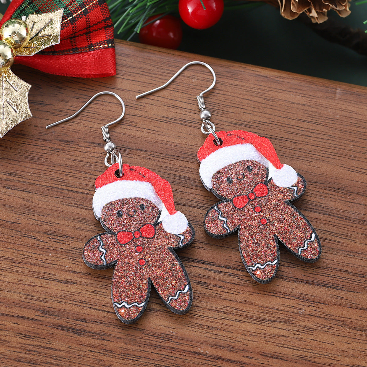 Wholesale Christmas hat gingerbread man wooden double-sided earrings